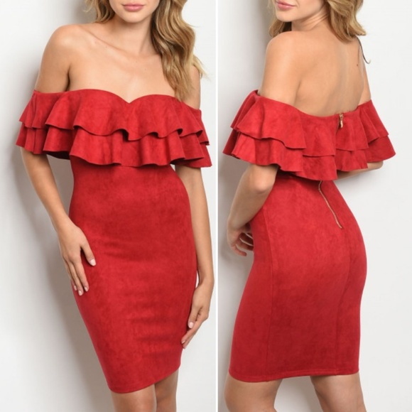 Trend Setter Diva Boutique Dresses & Skirts - #58 RED FAUX SUEDE OFF SHOULDER DRESS